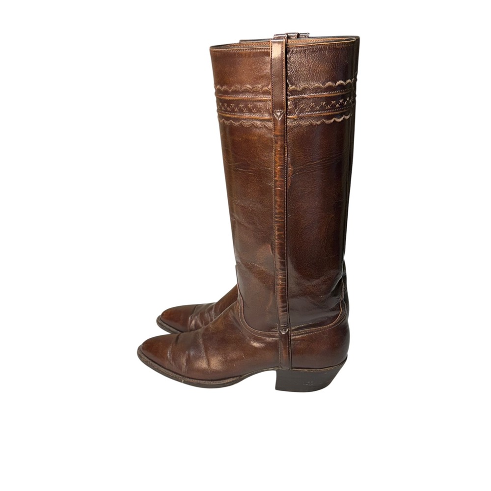 Lucchese Leather Tall Western Boots Size 9B Made in USA Vintage Riding Brown - Picture 2 of 15